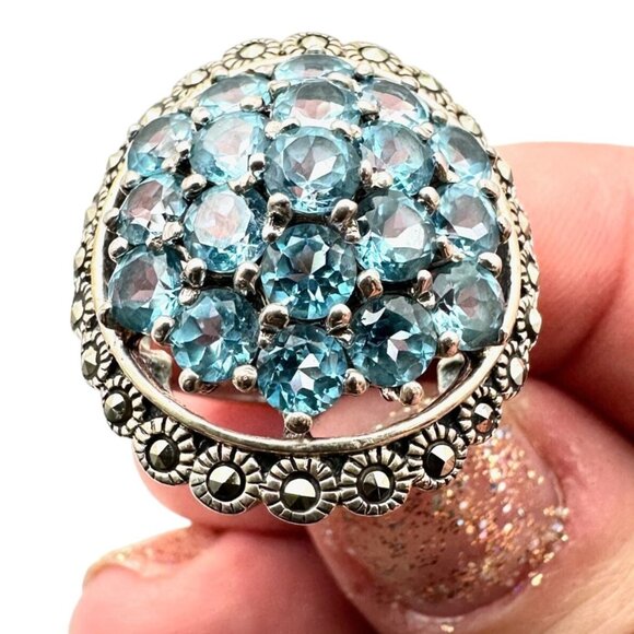Estate Womens Ring Sterling Silver Blue Topaz Cluster Marcasite Size 9 Signed NF - Picture 1 of 9